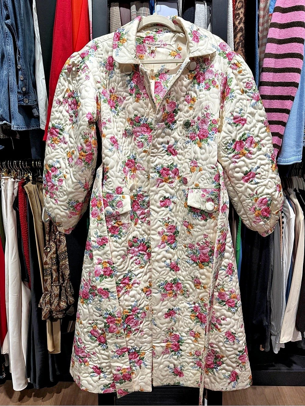 For Love & Lemons Amandine Belted Coat Floral Quilted Cream & Pink XS - Picture 3 of 7